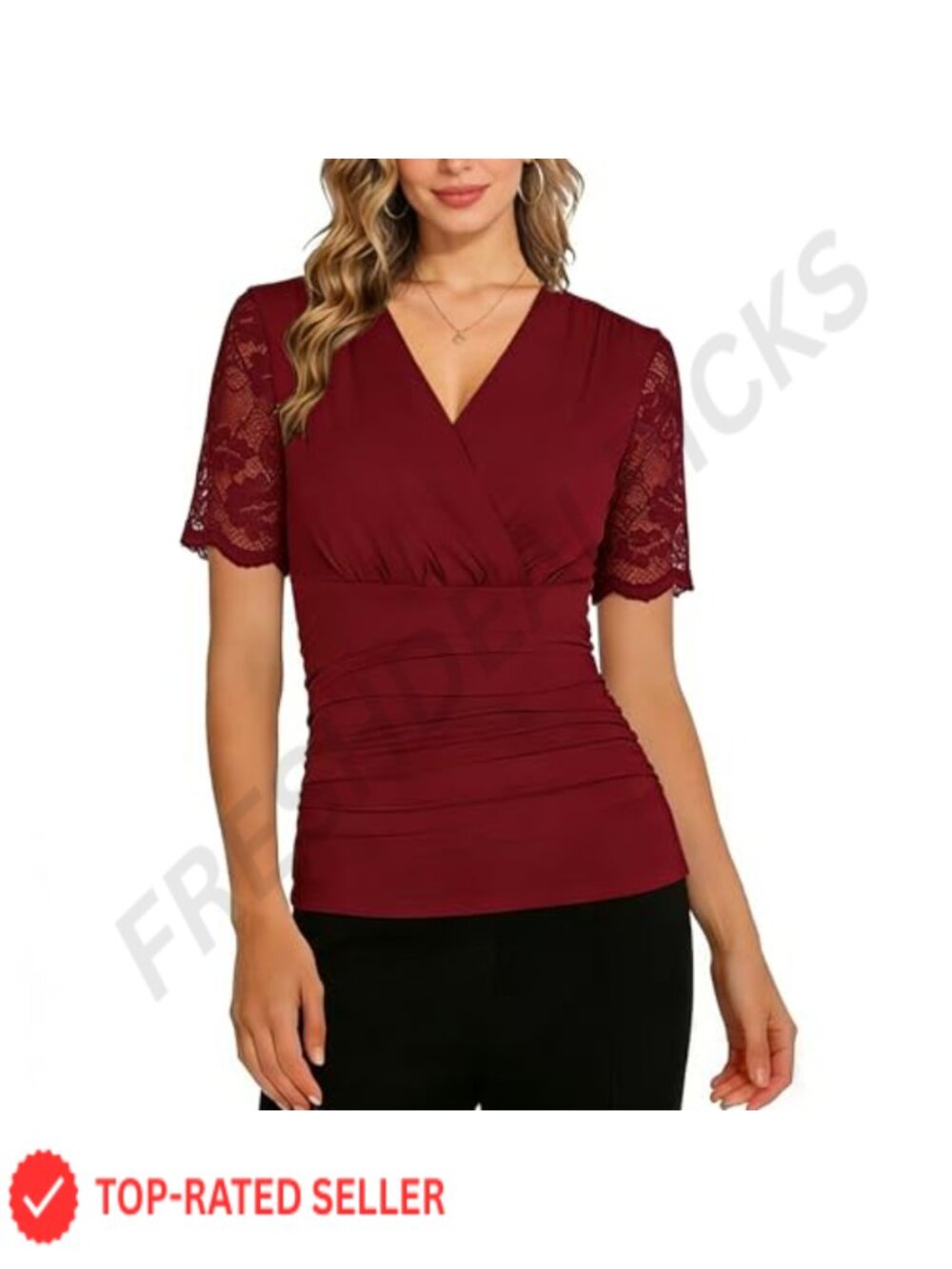 Floral Lace Short Sleeve V Neck Ruched Slim Fit Stretch Blouse Tunic